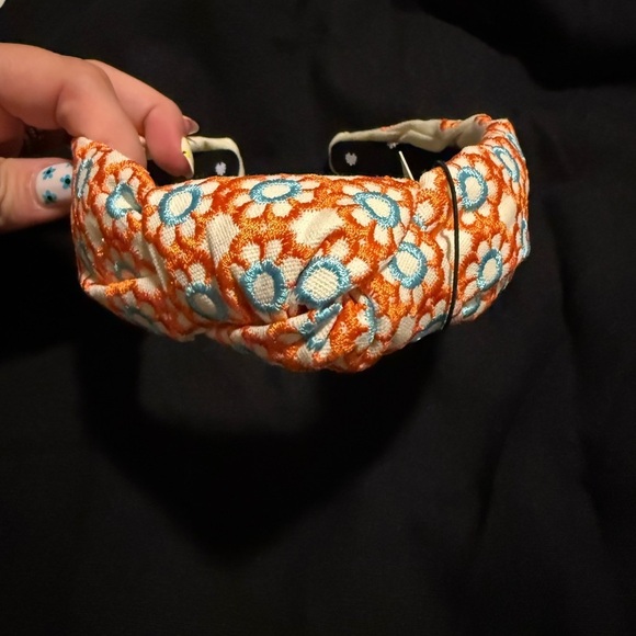 NWT LELE SADOUGHI Marigold Embroidered Knotted Headband Papaya Orange and Blue